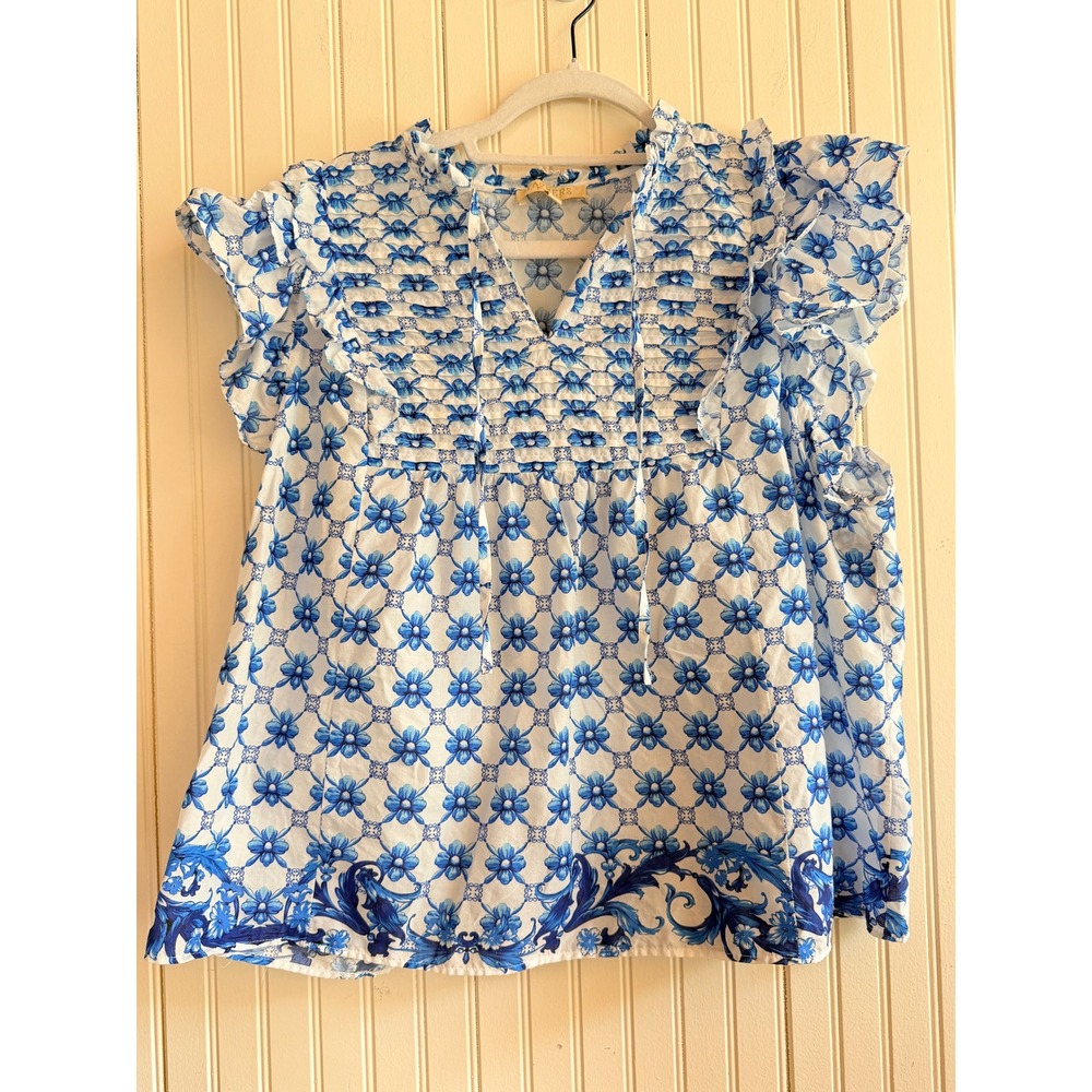 Farmers Market Blue & White Floral Ruffle Peasant Babydoll XL Blouse Feminine